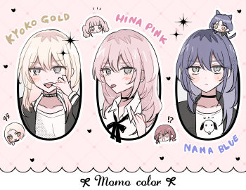 5girls alternate_hair_color animal_ears black_choker black_jacket blue_hair blush cat_ears cat_girl cat_tail choker closed_mouth collared_shirt commentary english_commentary girls_band_cry grey_eyes grid_background hamchan69 heart highres hina_(girls_band_cry) iseri_nina jacket kawaragi_momoka kemonomimi_mode kyoko_(girls_band_cry) long_hair multicolored_hair multiple_girls multiple_views nana_(girls_band_cry) pink_background pink_hair roots_(hair) shirt short_twintails tail tongue tongue_out twintails white_shirt