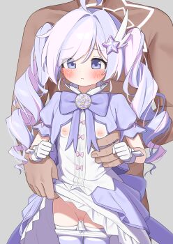 1boy 1girl absurdres ahoge blue_archive blush censored commentary_request gloves hair_ornament hetero highres loli matanukinuki multicolored_hair nipples official_alternate_costume paid_reward_available panties panty_pull pussy reisa_(blue_archive) reisa_(magical)_(blue_archive) star_(symbol) star_hair_ornament twintails underwear white_gloves white_panties