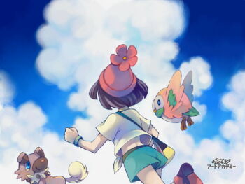 1girl aqua_shorts art_academy_(medium) bag beanie bird black_hair blue_sky cloud commentary_request dog gen_7_pokemon handbag hat median_furrow nintendo owl pokemon pokemon_(creature) pokemon_sm red_hat rockruff rowlet running saikachi_(ogre_tree) selene_(pokemon) shirt short_hair short_sleeves shorts sky tied_shirt