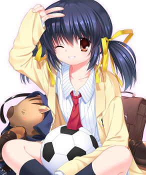 Rule 34 | 1girl, 1other, bag, ball, black socks, blazer, blue hair, boar, botan (clannad), brown eyes, brown footwear, clannad, dress shirt, hikarizaka private high school uniform, jacket, kneehighs, loafers, necktie, otou (otou san), parted lips, red neckwear, school uniform, shirt, shoes, simple background, sitting, smile, soccer ball, socks, striped clothes, striped shirt, sunohara mei, twintails, unworn shoes, v, white background