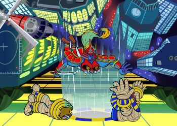 absurdres anakaris bishamon_(darkstalkers) capcom cityscape darkstalkers fighting ghost highres holding holding_sword holding_weapon mummy non-web_source red_eyes sword weapon