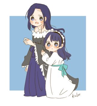 2girls bare_shoulders black_dress black_shirt blue_background blue_eyes blue_hair blue_skirt border cho_toutoi_love~ commentary crying crying_with_eyes_open curtained_hair dress kase_(ks_lys) link!_like!_love_live! long_dress long_skirt love_live! mole mole_on_neck mole_under_eye multiple_girls murano_sayaka murano_tsukasa off-shoulder_shirt off_shoulder official_alternate_costume outside_border parted_bangs shirt siblings simple_background sisters skirt tears twitter_username virtual_youtuber white_border white_dress