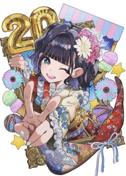 1girl ;d black_hair blue_flower choppy_bangs commentary_request cropped_torso curly_hair floral_print floral_print_kimono flower food grey_eyes highres ice_(ilife) ice_cream ilife japanese_clothes kimono number_balloon one_eye_closed open_mouth picture_frame print_kimono purple_flower rainys_bill red_kimono second-party_source short_hair smile solo teeth upper_teeth_only white_kimono