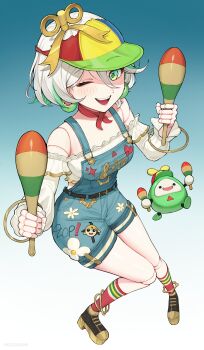 1girl ;d absurdres alternate_costume baseball_cap black_shoes blue_overalls braid cecilia_immergreen colored_inner_hair commentary cropped_shirt doll doll_joints double-parted_bangs earrings english_commentary frilled_shorts frills full_body green_eyes green_hair grey_hair hair_between_eyes hair_ornament hat highres holding holding_instrument holding_maracas hololive hololive_english instrument jewelry joints looking_at_viewer maracas migokami multicolored_hair multicolored_hat off-shoulder_shirt off_shoulder one_eye_closed open_mouth otomo_(cecilia_immergreen) overall_shorts overalls platform_shoes red_socks shirt shoes short_hair shorts side_braid single_braid smile socks solo streaked_hair teeth upper_teeth_only virtual_youtuber white_shirt winding_key