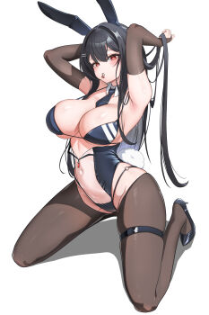 1girl absurdres adjusting_hair animal_ears armpits b_grade bikini black_hair black_pantyhose black_shoes blue_bikini blue_necktie blush breasts bridal_gauntlets bright_pupils cleavage commission crotchless crotchless_pantyhose detached_collar fake_animal_ears fake_tail furrowed_brow hair_between_eyes hair_ornament hair_tie_in_mouth hairclip high_heels highleg highleg_bikini highleg_leotard highres holding holding_own_hair kneeling large_breasts leotard long_hair looking_at_viewer mole mole_under_eye mouth_hold navel necktie o-ring o-ring_bikini original pantyhose parallel_hairclips partially_unzipped playboy_bunny pumps rabbit_ears rabbit_tail red_eyes see-through_clothes see-through_leotard shadow shiny_skin shoes short_necktie simple_background skindentation solo swimsuit tail thigh_strap tie_clip underboob very_long_hair white_background white_pupils zipper_pull_tab