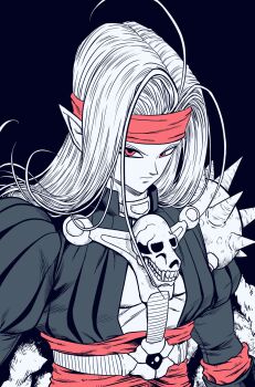 Rule 34 | 1boy, cape, commentary request, dragon quest, dragon quest iv, expressionless, fur cape, headband, highres, lee (dragon garou), limited palette, long hair, male focus, pisaro, pointy ears, red eyes, red headband, shoulder spikes, single shoulder pad, skull, solo, spikes, upper body