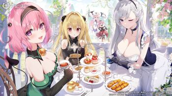 5girls apron arch arm_up artist_request azur_lane bat_wings belfast_(azur_lane) biscuit_(bread) black_dress black_hairband blonde_hair braid breasts broken broken_chain butter chain chair cleavage cleavage_cutout closed_mouth clothing_cutout collar commentary_request cookie copyright_name copyright_notice creamer_(vessel) cup day demon_tail dessert detached_collar detached_sleeves dress floral_arch flower food fork frilled_gloves frills from_above fruit gazebo gloves hair_intakes hair_ribbon hairband hairpods hand_on_own_hip hat highres holding holding_cup holding_teapot knife konjiki_no_yami lala_satalin_deviluke large_breasts leaf leaning_forward long_hair looking_at_viewer low_neckline maid maid_apron maid_headdress momo_velia_deviluke multicolored_dress multiple_girls nana_asta_deviluke napkin official_art one_eye_closed open_mouth outdoors pancake pastry pillar pink_eyes pink_hair plate purple_eyes red_eyes red_skirt ribbon sandwich saucer short_hair shoulder_cutout siblings side_ahoge sisters sitting skirt sleeves_past_wrists small_breasts smile spoon syrup table tablecloth tail tea tea_set teacup teapot thighhighs tiered_tray to_love-ru twintails two_side_up very_long_hair white_hair white_hat wings