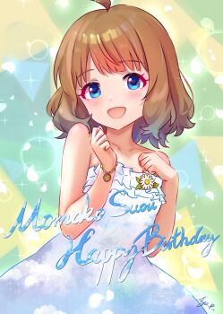 1girl birthday blue_eyes bracelet brown_hair character_name dress dress_flower flower hands_up happy_birthday highres idolmaster idolmaster_million_live! jewelry koaya looking_at_viewer open_mouth short_hair smile solo sparkle strapless strapless_dress suou_momoko upper_body white_dress white_flower