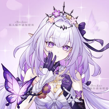 Rule 34 | 1girl, 7fan, absurdres, asymmetrical gloves, bare shoulders, black gloves, breasts, bug, butterfly, castorice (honkai: star rail), chinese commentary, chinese text, cleavage, closed mouth, colored inner hair, commentary request, dress, english text, flower, gloves, hair flower, hair ornament, highres, honkai: star rail, honkai (series), insect, jewelry, long hair, looking at viewer, mixed-language text, multicolored hair, official alternate costume, pink hair, pointy ears, purple eyes, purple flower, purple gloves, purple hair, smile, solo, swimsuit, upper body, white dress, white hair