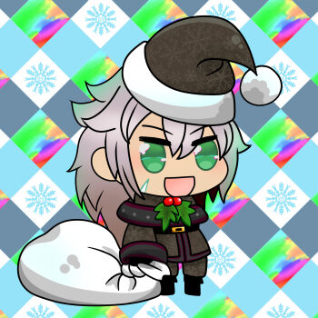 1boy :d aki_usagi alternate_costume blush chibi christmas dark-skinned_male dark_skin fate/grand_order fate_(series) fur-trimmed_jacket fur_trim gift_bag green_eyes grey_hair hat highres holding holding_sack jacket long_sleeves male_focus meme open_mouth padoru_(meme) pants sack santa_costume santa_hat siegfried_(fate) smile solo