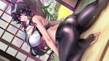 Rule 34 | 1girl, absurdres, ass, bare shoulders, breasts, bursting breasts, bush, cameltoe, cleavage, crawling dreams, curvy, dutch angle, feet, grass, highres, huge breasts, looking at viewer, looking back, merryweather, nail polish, nyarla (osiimi), osiimi, pants, ponytail, purple eyes, purple hair, shouji, sideboob, sidelocks, sliding doors, smile, sports bra, sportswear, stretching, sweat, thick thighs, thighs, toeless legwear, white sports bra, wide hips, yoga, yoga pants