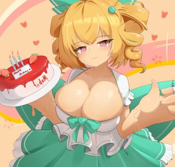 1girl birthday_cake blonde_hair blush bow breasts cake candle candle_wax candlegeist_(monster_girl_encyclopedia) cleavage closed_mouth colored_skin dark_skin dress drill_hair food frilled_dress frilled_sleeves frills fruit green_bow green_dress green_ribbon happy_birthday heart holding holding_cake holding_food huge_breasts large_breasts looking_at_viewer monster_girl monster_girl_encyclopedia non-web_source original pink_eyes ribbon smile solo strawberry suikakun tan twin_drills twintails wax