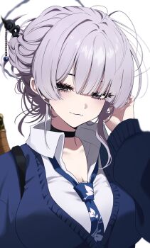 1girl black_choker blue_cardigan blue_necktie breasts cardigan choker cleavage closed_mouth collared_shirt commentary_request eyelashes grey_hair hair_bun highres itokonoue_kaoru large_breasts long_hair looking_at_viewer necktie pineap000 project_kv school_uniform shirt simple_background single_hair_bun solo sword upper_body weapon white_background white_shirt