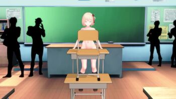 1girl 3d animated ass audible_music backboob blonde_hair blush breasts chair chair_censor classroom convenient_censoring crowd dancing desk hair_ornament indoors jiggle looking_at_viewer lycoris_recoil medium_breasts mikumikudance_(medium) navel nishikigi_chisato nude public_indecency public_nudity red_eyes school short_hair smile solo_focus sound standing tagme user26 video