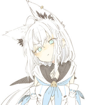 1girl :t abara_heiki ahoge animal_ear_fluff animal_ear_piercing animal_ears aqua_eyes blue_neckerchief blush braid crossed_bangs detached_sleeves dot_nose earrings extra_ears fox_ears fox_girl hair_between_eyes hashtag-only_commentary head_tilt hololive hood hoodie jewelry long_hair looking_at_viewer neckerchief pout ribbon-trimmed_sleeves ribbon_trim shirakami_fubuki shirakami_fubuki_(1st_costume) side_braid simple_background single_braid single_earring solo upper_body v-shaped_eyebrows white_background white_hair white_hoodie white_sleeves