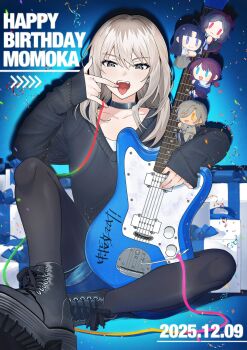 5girls 6v6_1212 awa_subaru black_choker black_pantyhose black_shoes black_sweater blue_shorts choker collarbone commentary confetti dated ebizuka_tomo electric_guitar english_commentary fender_jazzmaster girls_band_cry grey_eyes grey_hair guitar happy happy_birthday highres instrument iseri_nina kawaragi_momoka long_hair mini_person mouth_pull multiple_girls open_mouth pantyhose pantyhose_under_shorts red_eyes rupa_(girls_band_cry) second-party_source shoes shorts sweater teeth togenashi_togeari tongue tongue_out