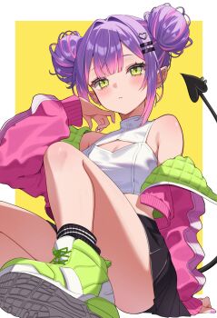 1girl alternate_costume alternate_hairstyle black_skirt black_socks breasts center-flap_bangs cleavage cleavage_cutout clothing_cutout colored_inner_hair commentary_request crop_top cropped_jacket demon_girl demon_tail double-parted_bangs double_bun green_eyes green_shoes hair_bun hair_ornament hairclip heart heart_hair_ornament highres hololive jacket looking_at_viewer miniskirt multicolored_hair nametakeko parallel_hairclips piercing pink_hair pink_jacket pleated_skirt pointy_ears purple_hair quilted_jacket shirt shoe_soles shoes simple_background single_off_shoulder sitting skirt sleeveless sleeveless_shirt small_breasts sneakers socks solo spiked_ear_piercing tail tail_ornament tail_piercing tokoyami_towa virtual_youtuber white_shirt yellow_background
