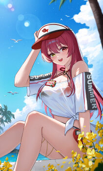 0_albusart 1girl :d absurdres bikini black_bikini blue_sky breasts cloud commentary_request criss-cross_halter day halterneck heart heart_o-ring heterochromia highres hololive houshou_marine houshou_marine_(holonatsu_paradise) jewelry large_breasts long_hair looking_at_viewer multi-strapped_bikini_top multicolored_bikini name_tag o-ring off_shoulder official_alternate_costume open_mouth outdoors red_bikini red_eyes red_hair red_visor see-through_cleavage see-through_clothes see-through_shirt shirt sitting sky smile solo swimsuit t-shirt teeth thighlet tied_shirt two-tone_bikini upper_teeth_only virtual_youtuber visor_cap white_shirt yellow_eyes