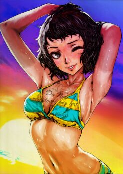 Rule 34 | absurdres, armpits, bikini, brown eyes, brown hair, highres, kawakami sadayo, looking at viewer, oeilvert fft, one eye closed, persona, persona 5, smile, stomach, striped bikini, striped clothes, sunset, swimsuit, wet, wet clothes, wet swimsuit