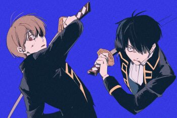2boys ascot black_hair blood blood_on_face blue_background brown_eyes brown_hair cigarette gintama hair_over_one_eye hiems_xii hijikata_toushirou holding holding_sword holding_weapon male_focus multiple_boys okita_sougo shinsengumi_(gintama) short_hair simple_background sword upper_body weapon white_ascot