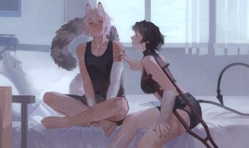 1boy 1girl animal_ears bandaged_arm bandages bandaid bandaid_on_arm barefoot black_hair black_tank_top cat_boy cat_ears cat_tail closed_eyes closed_mouth collarbone commentary couple crossed_arms crutch english_commentary full_body hetero highres jane_doe_(zenless_zone_zero) mouse_ears mouse_girl mouse_tail on_bed pneech scar scar_on_arm seth_lowell short_hair sitting tail tank_top white_hair zenless_zone_zero