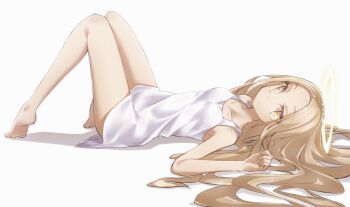 1girl angel_notes bare_shoulders barefoot blonde_hair breasts dress forehead halo long_hair looking_at_viewer lying on_back parted_bangs small_breasts solo v/v white_dress yellow_eyes yubeshi_(zecxl)