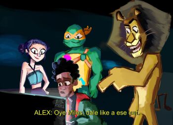 Rule 34 | aiming at another, alex (madagascar), black hair, black skin, bodypaint, colored skin, dark background, green sweater, greenopal 03, hair bun, highres, kpop demon hunters, looking to the side, madagascar (series), marvel, meme, michelangelo (tmnt), miles morales, rise of the teenage mutant ninja turtles, short hair, spanish text, spider-man: across the spider-verse, spider-man (series), spider-verse, sweater, teenage mutant ninja turtles, zoey (kpop demon hunters)