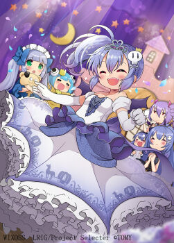 1girl blue_hair blush closed_eyes copyright_notice crown dress elbow_gloves frilled_dress frills gloves highres kei_s01 official_art one_side_up open_mouth purple_hair sayuragi_(wixoss) smile solo white_gloves wixoss