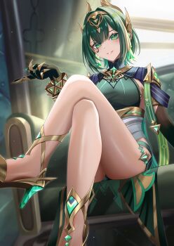 black_gloves black_hair couch crossed_legs dress elbow_gloves genshin_impact gloves gold_shoes green_dress green_eyes hand_up high_heels highres indoors mole mole_under_eye mon-chan nefer_(genshin_impact) on_couch parted_lips shoes short_hair sitting smile solo symbol-shaped_pupils thighs triangle-shaped_pupils