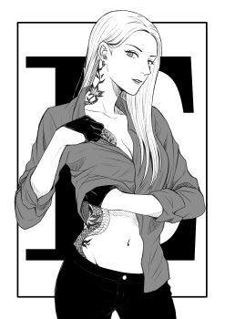 1girl absurdres breasts chest_tattoo cleavage collarbone cowboy_shot gloves greyscale groin highres irezumi long_hair long_sleeves looking_at_viewer medium_breasts monochrome mugennitaberu navel necktie no_eyewear original pants parted_lips snake_tattoo solo standing stomach_tattoo tattoo textless_version variant_set yakuza