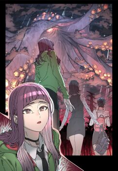 3girls backpack bag black_hair choker cloud cloudy_sky eldritch_abomination gado highres jacket long_hair looking_up medium_hair multiple_girls necktie octopus open_mouth original outdoors power_lines red_eyes school_uniform sky sunset track_jacket tree