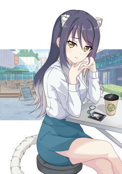 alternate_costume animal_ears black_hair breasts casual chart closed_mouth commentary extra_ears hair_between_eyes hair_ornament highres id_card looking_at_viewer maxwelzy medium_breasts own_hands_together princess_connect! shiori_(princess_connect!) sitting smile table tail tiger_ears tiger_tail yellow_eyes