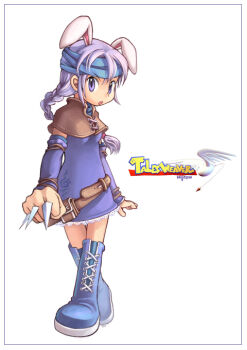 1girl animal_ears arm_at_side artist_name belt belt_pouch between_fingers blue_boots blue_dress blue_headband blue_sleeves blue_socks boots braid braided_ponytail breasts brown_belt brown_capelet capelet collared_capelet commentary_request copyright_name cross-laced_capelet detached_sleeves dress ears_down full_body grey_hair hair_between_eyes hair_tie headband high_collar holding holding_knife holding_kunai holding_weapon knee_boots knife knives_between_fingers korean_commentary kunai lace lace-trimmed_dress lace-up_boots lace_trim logo long_hair looking_at_viewer low-braided_long_hair low-tied_long_hair medium_breasts nayatrei nexon official_art open_hand open_mouth over-kneehighs pouch print_dress purple_eyes rabbit_ears sidelocks signature simple_background single_braid sleeveless sleeveless_dress socks tales_weaver thighhighs third-party_source turtleneck turtleneck_dress walking weapon white_background