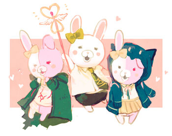 Rule 34 | 3girls, blush, bow, commentary request, cosplay, danganronpa (series), danganronpa 2: goodbye despair, hair bow, hinata hajime, hinata hajime (cosplay), holding, holding staff, komaeda nagito, komaeda nagito (cosplay), monomi (danganronpa), multiple girls, nanami chiaki, nanami chiaki (cosplay), rabbit, staff, stuffed animal, stuffed toy, two-tone fur, usami (danganronpa), yuhazu (rhe-rhe)