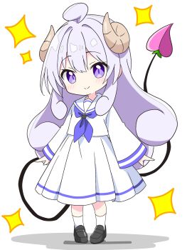Rule 34 | 1girl, ahoge, black shoes, blush, brown horns, closed mouth, commentary request, curled horns, curly hair, demon girl, demon horns, demon tail, full body, hair between eyes, highres, horns, kotatsu-mazoku, lilith (homunculus) (machikado mazoku), lilith (machikado mazoku), long hair, long sleeves, looking at viewer, machikado mazoku, neckerchief, pleated skirt, purple eyes, purple hair, purple neckerchief, sailor collar, school uniform, serafuku, shirt, shoes, sidelocks, simple background, skirt, smile, socks, solo, sparkle, standing, tail, white background, white sailor collar, white shirt, white skirt, white socks, wide sleeves