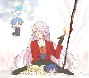 Rule 34 | 201 (yield), alternate costume, arimura hinae, black gloves, chaos;child, chest bow, chibi, commentary request, crushing, evil smile, fire, gloves, haida riko, kazuki hana, miyashiro takuru, pantyhose, pink eyes, pink hair, pyrokinesis, sailor collar, science adventure, smile, smug, tagme