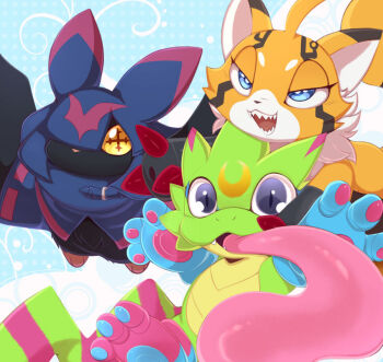 Rule 34 | chiropmon, digimon, digimon (creature), gekkomon, heavymetalpapi, pristimon, sharp teeth, smile, teeth, tongue, tongue out