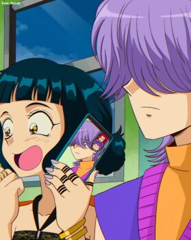 1boy 3girls black_hair blunt_bangs blush bracelet brenni_murasaki double_bun earrings hair_bun hair_over_eyes highres jewelry kpop_demon_hunters mira_(kpop_demon_hunters) multiple_girls mystery_(kpop_demon_hunters) phone pink_hair procreate_(medium) purple_hair rumi_(kpop_demon_hunters) shirt short_hair sidelocks smile zoey_(kpop_demon_hunters)