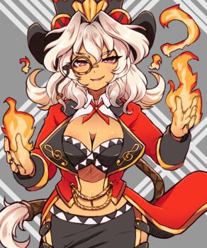 1girl aikeroki black_bra bra breasts cleavage coat commission cosmic_break dark-skinned_female dark_skin fang fang_out fire flareleon hair_between_eyes hat highres large_breasts long_sleeves looking_at_viewer midriff monocle musical_note navel open_clothes open_coat pyrokinesis red_coat red_eyes smile tailcoat underwear white_hair