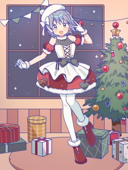 Rule 34 | 1girl, ;d, absurdres, bare shoulders, blue eyes, blue hair, blush, boots, box, christmas, christmas tree, commentary request, detached sleeves, dress, full body, fur-trimmed boots, fur-trimmed gloves, fur-trimmed skirt, fur-trimmed sleeves, fur trim, gift, gift box, gloves, hand up, hat, high heel boots, high heels, highres, indoors, looking at viewer, mahou shoujo madoka magica, mahou shoujo madoka magica (anime), miki sayaka, one eye closed, open mouth, pantyhose, red boots, red skirt, red sleeves, ruru (rurumagi), santa costume, short dress, short hair, short sleeves, skirt, sleeveless, sleeveless dress, smile, solo, standing, standing on one leg, v, white dress, white gloves, white hat, white pantyhose, window