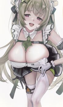 1girl 462vvv absurdres antenna_hair apron arm_cuffs ascot bent_over black_gloves black_skirt breasts button_gap chest_harness cleavage detached_collar double_bun frills gloves goddess_of_victory:_nikke green_ascot green_hair grey_hair hair_bun hair_intakes hair_ornament hair_ribbon hairclip hanging_breasts harness heart_antenna_hair highres huge_breasts leaning_forward long_hair looking_at_viewer maid maid_apron maid_headdress mole mole_on_breast open_mouth pleated_skirt purple_eyes ribbon skirt sleeveless soda_(nikke) solo teeth thighhighs thighs two-tone_gloves upper_teeth_only very_long_hair white_gloves white_thighhighs