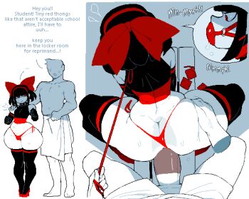 2boys anal ass ball_gag bench black_hair black_thighhighs bow bulge butt_crack condom dizzyspells doggystyle flat_chest gag gagged hair_bow large_penis locker locker_room medium_hair multiple_boys original penis red_eyes red_thong scythe_(dizzyspells) sex sex_from_behind spot_color thick_thighs thighhighs thighs trap x-ray yaoi