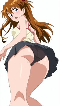1girl ass bare_arms bare_legs bare_shoulders blue_eyes blush breasts brown_hair butt_crack clothes_lift from_below grey_skirt huge_ass jaaaan legs lifting_own_clothes long_hair looking_at_viewer looking_back looking_down midriff miniskirt neon_genesis_evangelion open_mouth shorts simple_background skin_tight skirt skirt_lift solo souryuu_asuka_langley sweat tank_top thighs tsundere two_side_up white_background wide_hips