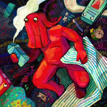 1boy 6+others absurdres alarm_clock artist_name bed_sheet clock don't_hug_me_i'm_scared drink_carton english_text heart highres holding jumpsuit milk milk_carton multiple_others no_humans onesie red_guy_(dhmis) red_jumpsuit sharkker-dude star_(symbol) surreal toothbrush