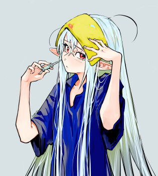 Rule 34 | 1girl, aeria (eudetenis), ahoge, baggy clothes, blue shirt, commentary, elf, english commentary, eudetenis, highres, holding, holding syringe, ice pack, long hair, looking at viewer, original, oversized clothes, pointy ears, red eyes, shirt, sick, snot, solo, syringe, very long hair, white hair