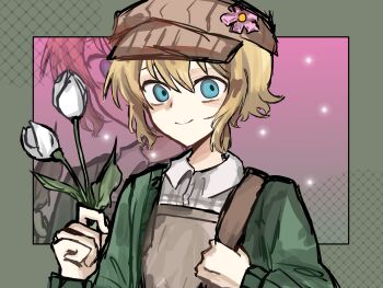 Rule 34 | 1boy, absurdres, bag, basil (birthday) (omori), basil (faraway) (omori), basil (omori), blue eyes, border, brown bag, brown hat, brown overalls, buttons, cardigan, chinese commentary, closed mouth, collared shirt, commentary request, dated commentary, double-parted bangs, flipped hair, flower, green border, green cardigan, hair between eyes, hands up, hat, hat flower, highres, holding, holding bag, holding flower, leaf, light blush, long sleeves, looking at viewer, male focus, newsboy cap, omori, open cardigan, open clothes, outside border, overalls, pink background, pink flower, plaid clothes, plaid shirt, puffy long sleeves, puffy sleeves, shirt, short hair, shoulder bag, sidelocks, simple background, smile, solo, sparkle background, tareme, tulip, upper body, white flower, white shirt, white tulip, yudishiming, zoom layer