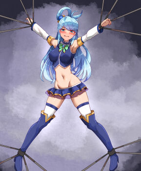 1girl aqua_(konosuba) bakasp-lilzy blue_boots blue_eyes blue_hair blue_shirt blue_thighhighs boots bound bound_wrists bow bowtie detached_sleeves green_bow green_bowtie highres kono_subarashii_sekai_ni_shukufuku_wo! long_hair miniskirt navel restrained shirt skindentation skirt solo spread_eagle_position thigh_boots thighhighs white_sleeves