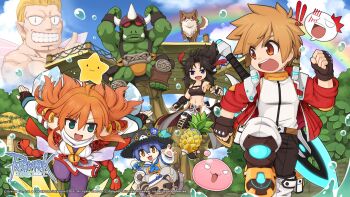 ! !! 2girls 4boys :3 :d alternate_color animal_ears armored_boots black_gloves black_hair black_hat black_shorts black_sports_bra blonde_hair blue_eyes blue_hair blue_sky boots breasts brown_gloves brown_hair bullet_scar cat_boy cat_ears cleavage colored_skin copyright_notice day desert_wolf_(ragnarok_online) elena_bolkova emblem fake_horns fang fingerless_gloves food fruit furry furry_male gloves green_eyes green_skin grin hat helmet highres horned_helmet horns jacket logo medium_breasts meister_(ragnarok_online) multiple_boys multiple_girls official_art official_wallpaper open_clothes open_jacket open_mouth orange_eyes orange_hair orc orc_warrior_(ragnarok_online) outdoors pantyhose pineapple pointy_ears poring purple_pantyhose raccoon ragnarok_online rainbow rebellion_(ragnarok_online) red_eyes red_jacket rope running scarf shiranui_(ragnarok_online) shirt shorts skeletal_muscle_(ragnarok_online) sky sleeveless sleeveless_shirt sleeveless_tunic slime_(creature) smile sports_bra star_(symbol) summoner_(ragnarok_online) thumbs_up tree tunic tusks white_hat white_scarf white_shirt white_tunic wolf yellow_eyes yuichirou