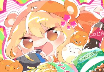1girl :d animal_costume blonde_hair blush bottle chibi chips_(food) cola doma_umaru feet_up food hamster hamster_costume hamster_hood handheld_game_console highres himouto!_umaru-chan holding holding_handheld_game_console komaru_(himouto!_umaru-chan) long_sleeves looking_at_viewer lying mikako_chan3 nintendo_switch on_stomach open_mouth potato_chips smile soda_bottle solo star_(symbol) takenoko_no_sato