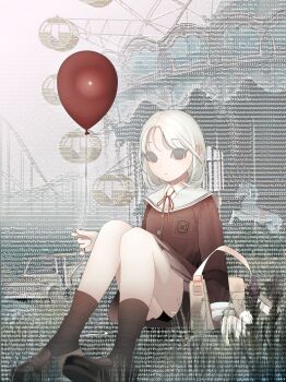 1girl amusement_park ankle_socks bag balloon car carousel collared_shirt expressionless ferris_wheel flower highres holding holding_balloon loafers looking_at_viewer motor_vehicle neck_ribbon on_grass original pleated_skirt ribbon roller_coaster sailor_collar school_bag school_emblem school_uniform shirt shoes short_hair shoulder_bag sitting skirt socks solo test_norma1 text_background white_hair wispy_bangs